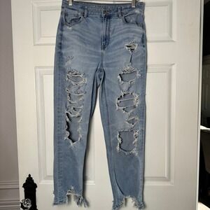 American Eagle Mom Stretch Jeans Light Wash Crop Distressed Sharkbite Women 10